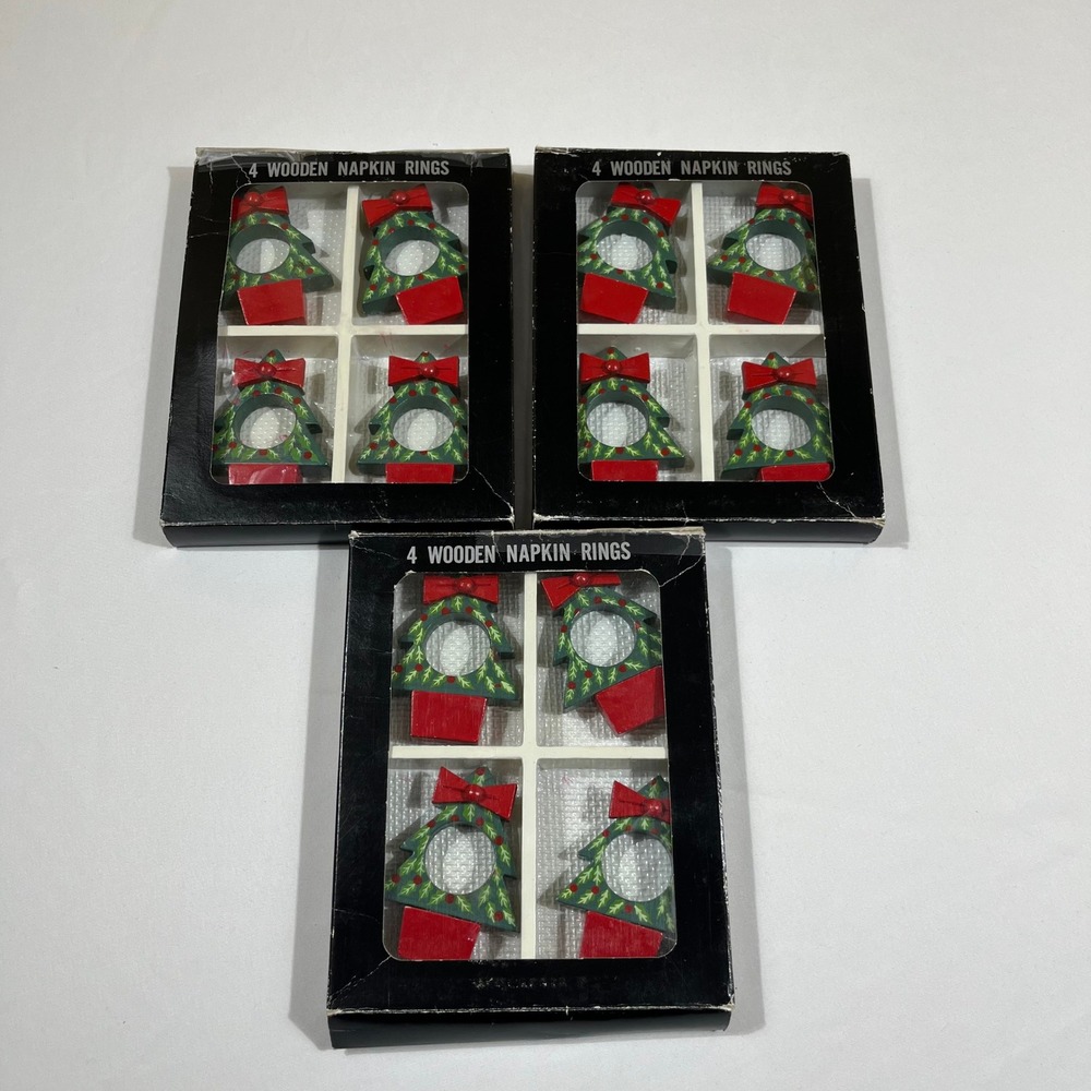 Holiday Napkin Rings Green Red Christmas Tree Wood Set of 12 Vintage